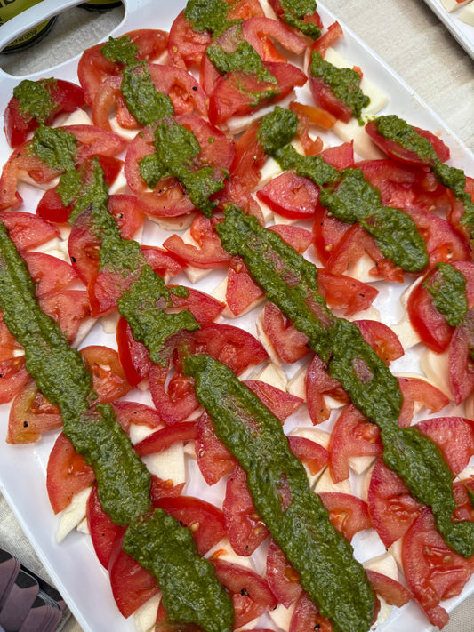 nut free pesto besto on tomatos and mozarella summer caprese