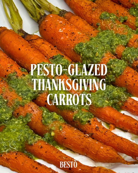 besto nut-free green pesto on top of orange carrots thanksgiving recipe