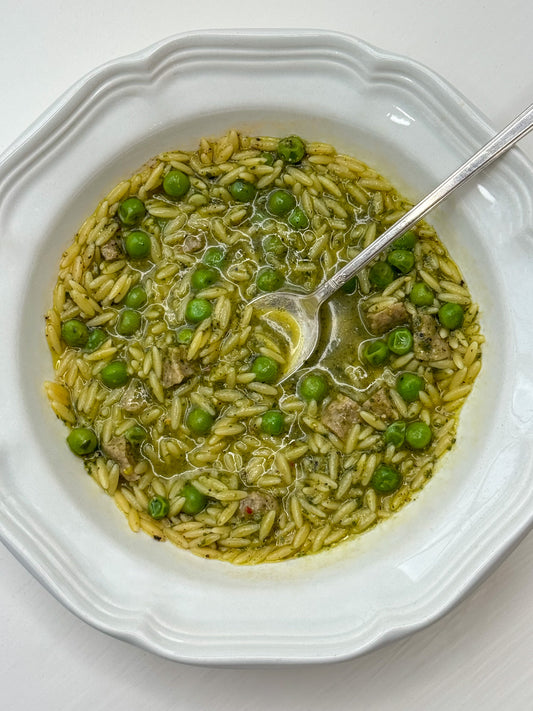 Pesto Orzo Soup with Bone Broth